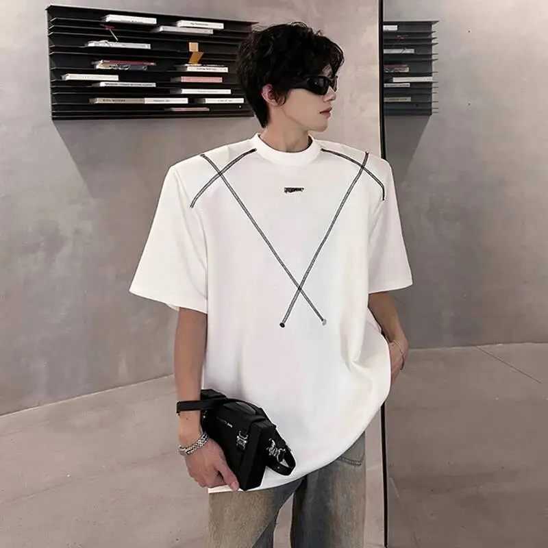 Summer Trendy Men's T-shirt Shoulder Pad Design American Style Loose Metal Decoration Short Sleeve Casual Male Tees CDFR5