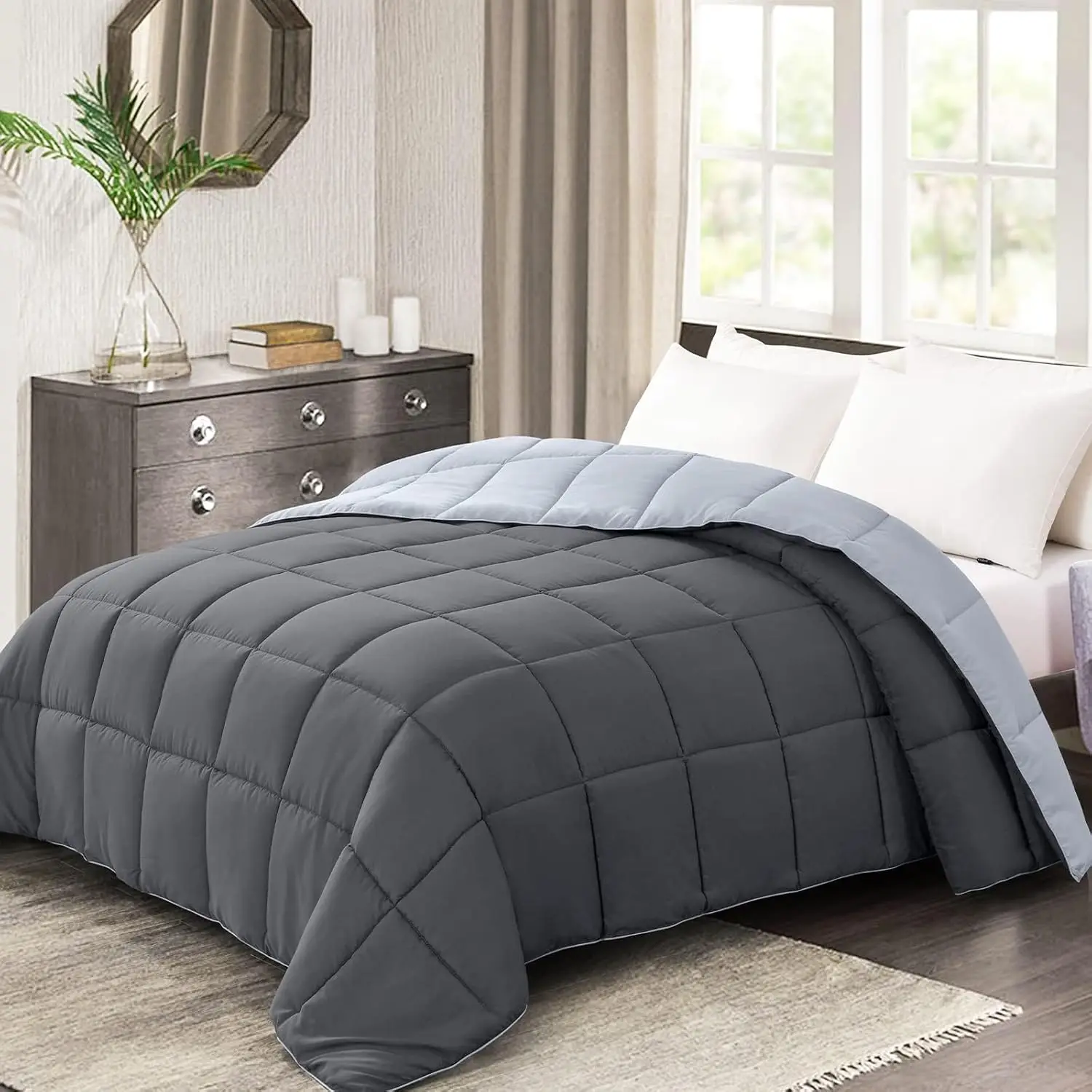 

California King Comforter Grey Down Alternative Lightweight All Season Reversible Dark Gray Light Grey