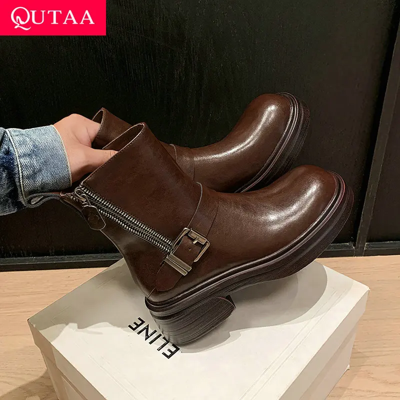 

QUTAA 2026 Fashion Winter Women Ankle Boots Autumn Zipper Shoes Cow Leather Mid Heels Motorcycle Round Toe Short Boots 34-40