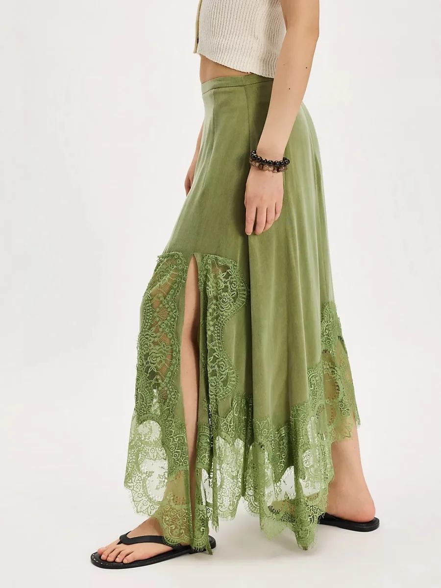 Jupe longue en dentelle irrégulière pour femmes, coupe ample, élégante, couleur unie, ourlet fleuri, fente, taille basse, été