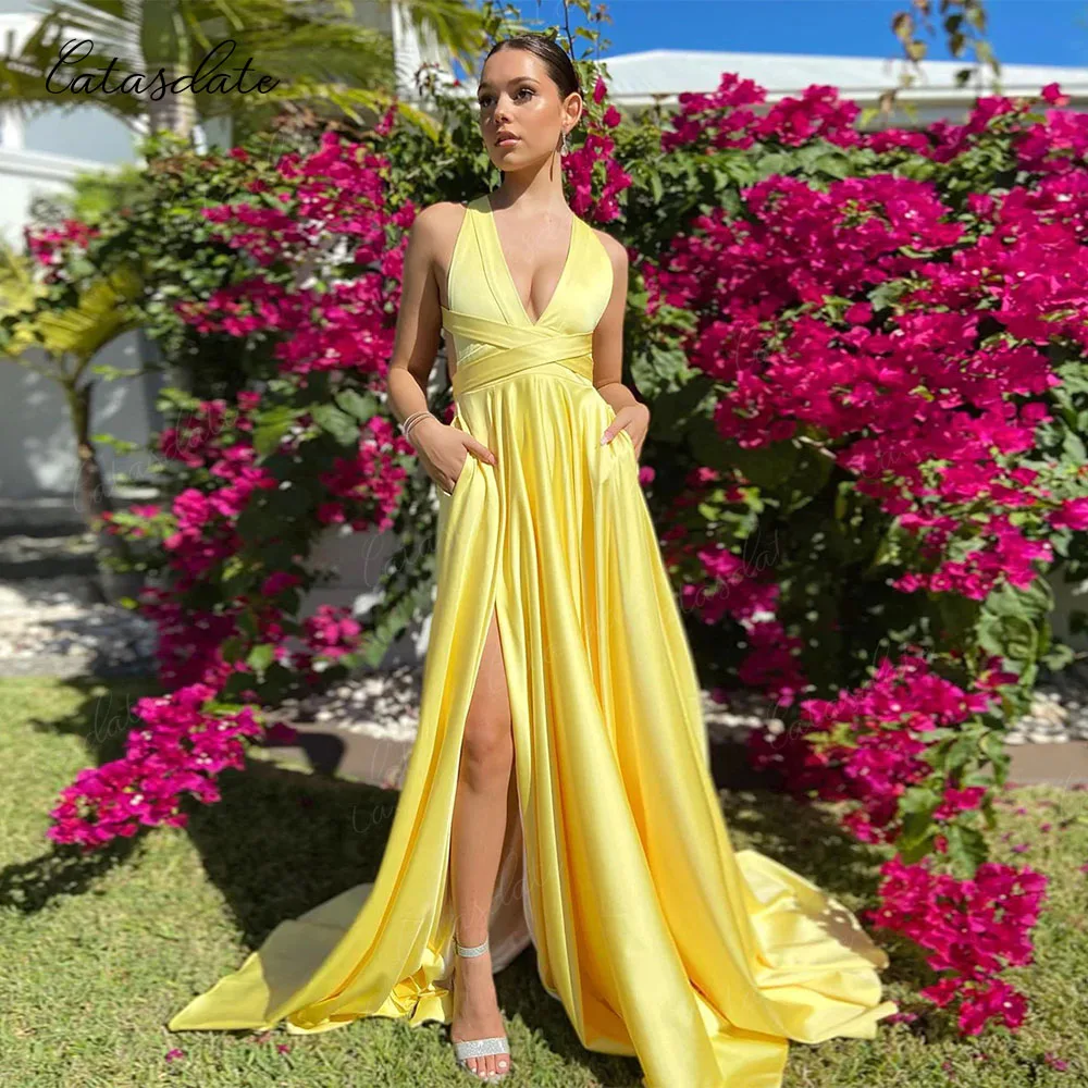 

Catasdate A Line Yellow Evening Dress Long Party Dress for Women Sexy Party Prom Dress 2024 Belt Back vestidos de fiesta