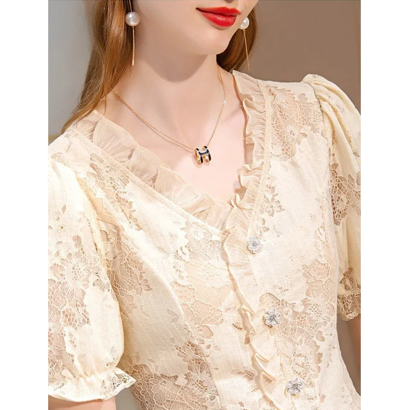 Office Lady Chic Lace Chiffon Shirts Fahsion Women Clothing Tunics Elegant Ruffles Embroidery Pretty Short Sleeve Female Blouse