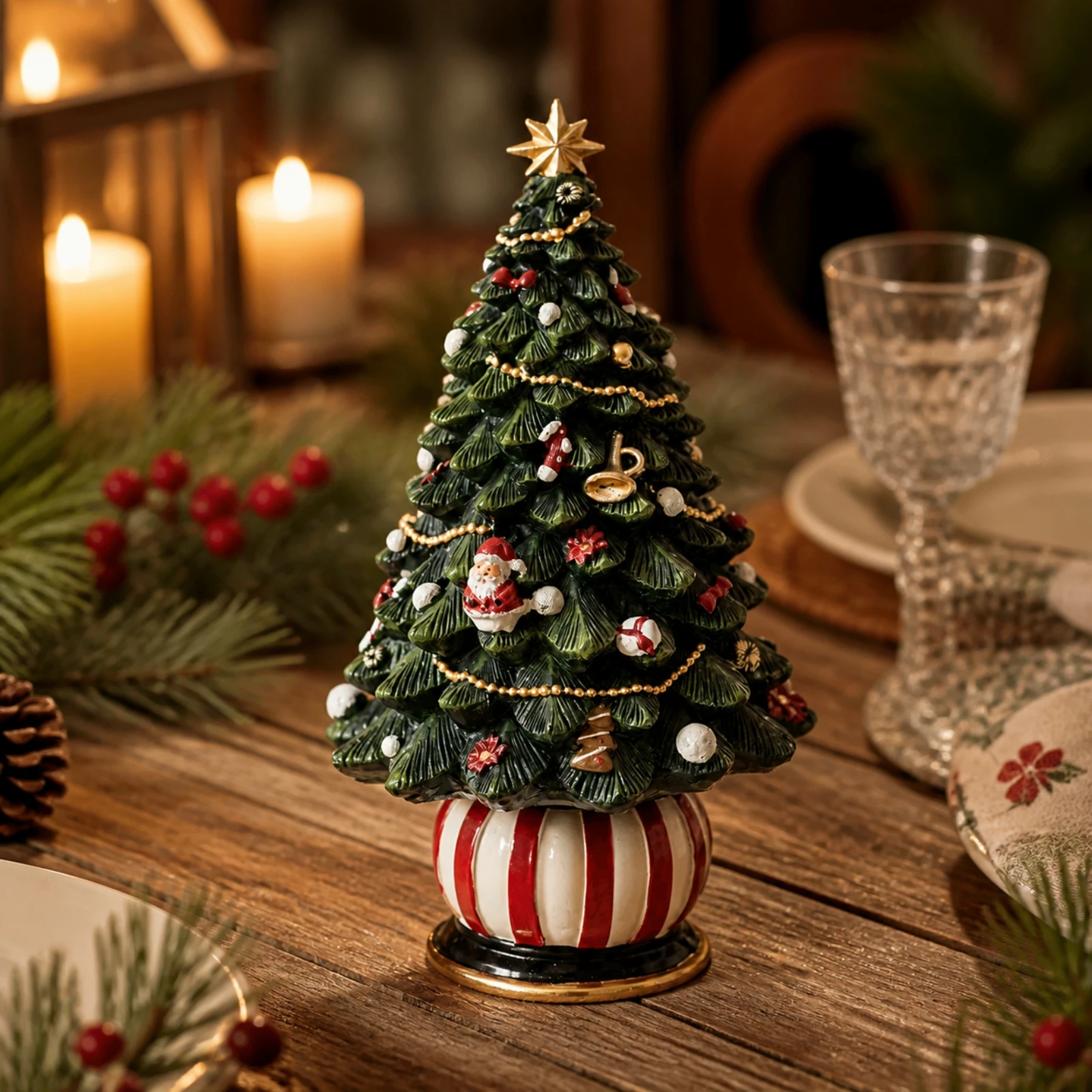 Rotating Musical Christmas Tree Sturdy Resin Christmas Tree with Star Topper Holiday Decor Hand-Painted Melody Player