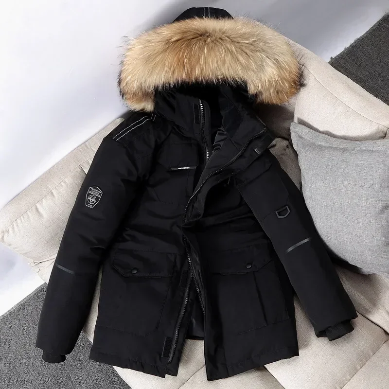 Homens inverno pato para baixo casacos com capuz gola de pele casual longo puffer jaquetas qualidade masculino ao ar livre à prova vento quente inverno parkas 4xl