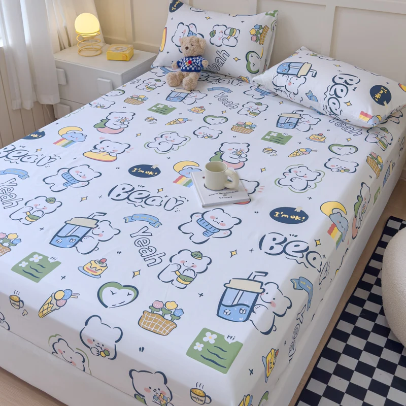 Skin-friendly Fitted Sheet 100% Cotton Bedsheets Cartoon Style Bed Cover Home Mattress Protector lençol (Pillowcase Need Order)