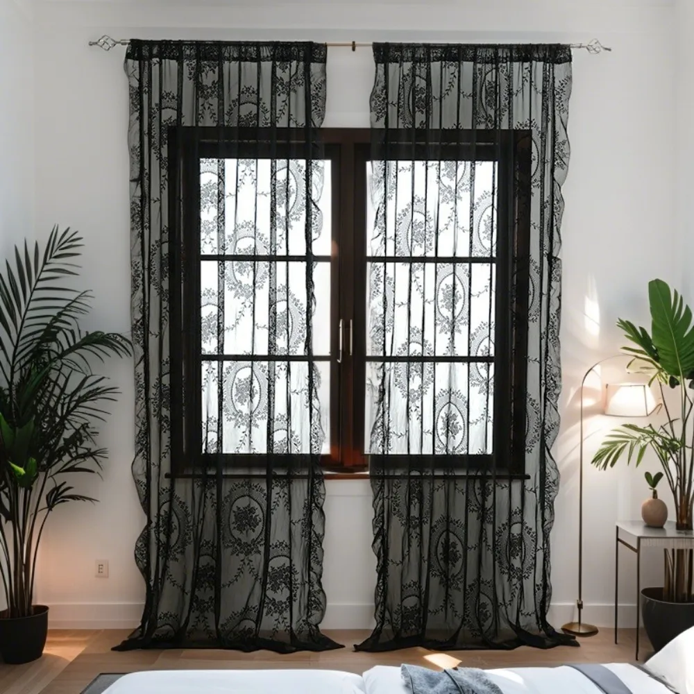 

2 Pcs Elegant Ruffled Edge French Lace Floral Curtain Rustic Embroidered Gauze Curtain Retro Lace Sheer Curtain Door