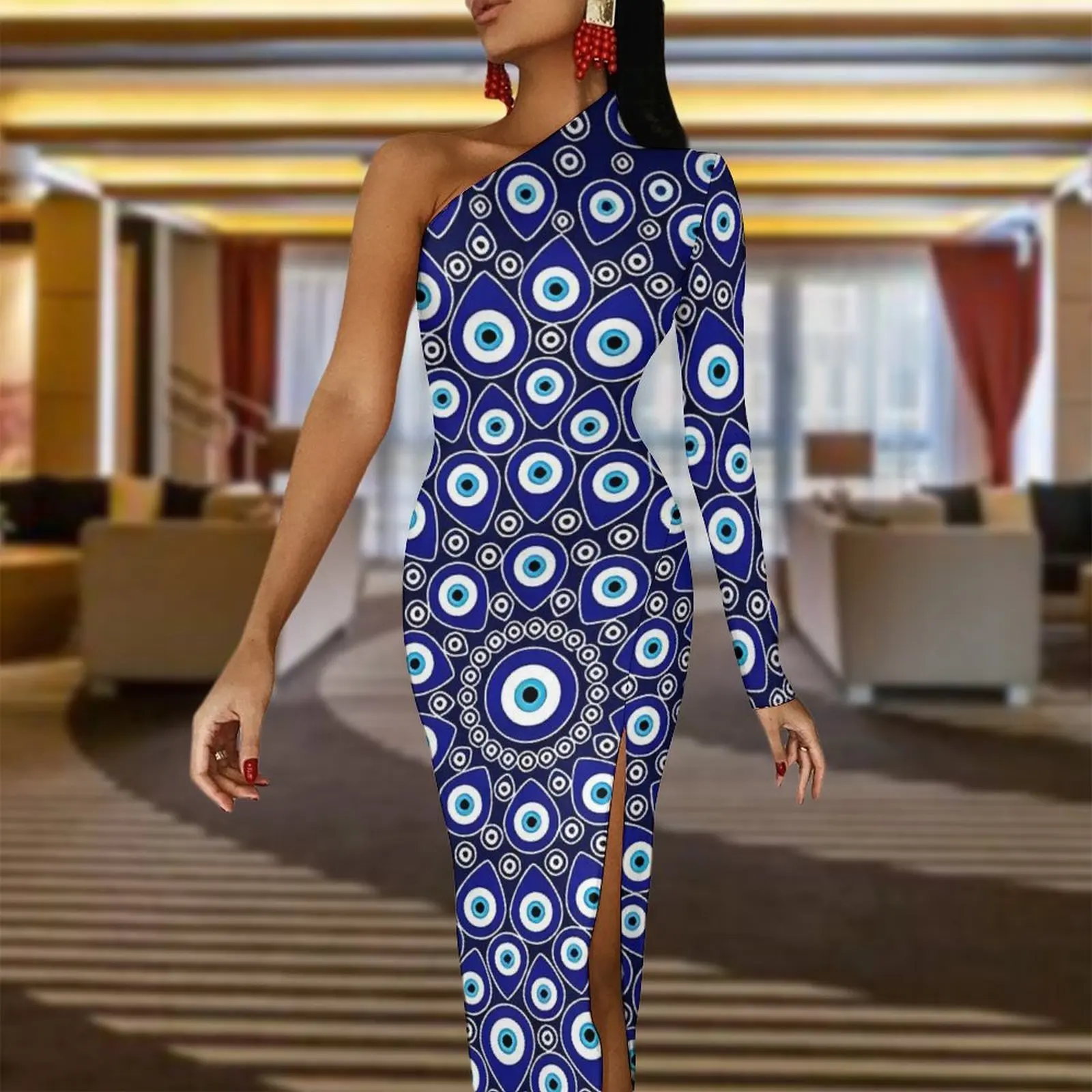 Evil Eye Print Long Dress Ladies Nazar Eye Circular Streetwear Maxi Dress Autumn Trendy Bodycon Dresses High Slit Design Clothes