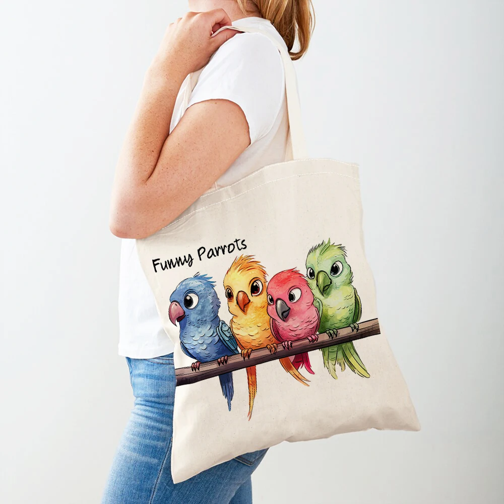 Double Print Funny Parrot Women Shopper Bag Casual  Child Gift Girl Travel Handbag Cute Cartoon Bird Animal Lady Shopping Bags