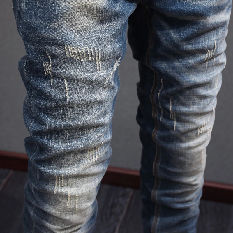 Y2K new men's retro blue jeans, washed with water, nostalgic stretch, slim fit, embroidered jeans, Italian designer high
