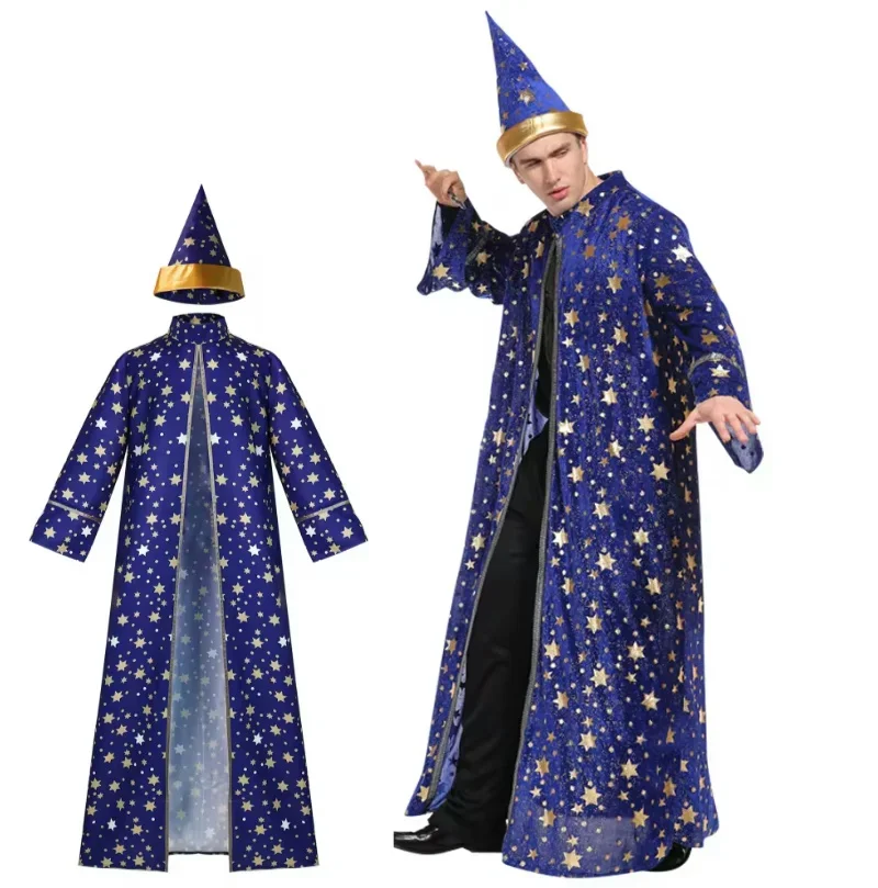 Robe bleue et chapeau d'Halloween pour hommes, costume de magicien magique, cosplay, vêtements de décoration pour adultes, étoile et lune