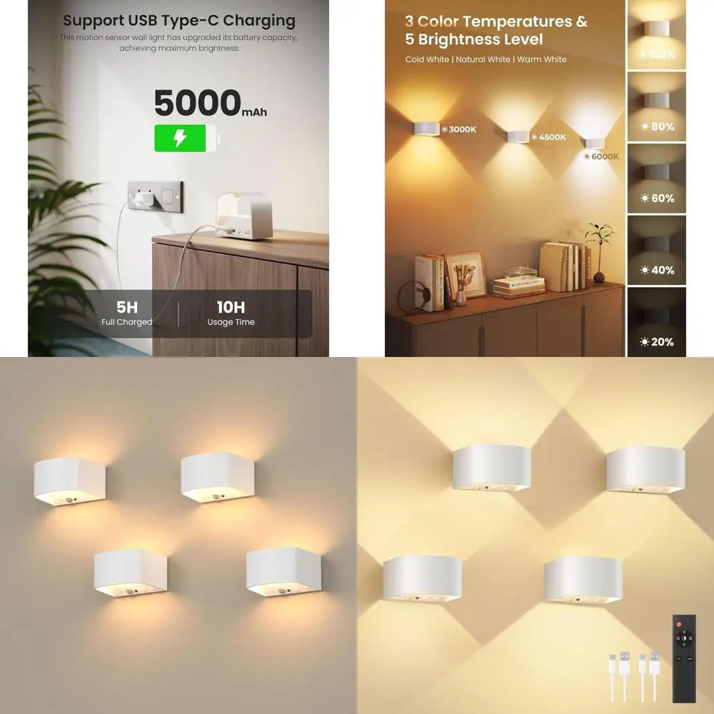 

Перезаряжаемый светодиодный настенный бра из 4 частей с пультом дистанционного управления, 3-цветный, регулируемая яркость, аккумулятор 5000 мАч, беспроводной настенный светильник для внутреннего освещения