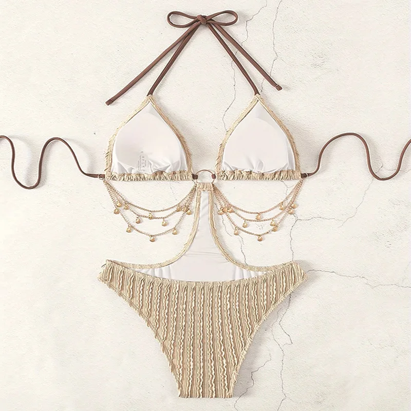 costume da bagno sexy con catena in metallo a costine costume intero bikini a vita cava halter costumi da bagno body donna costumi da bagno biquini tankini