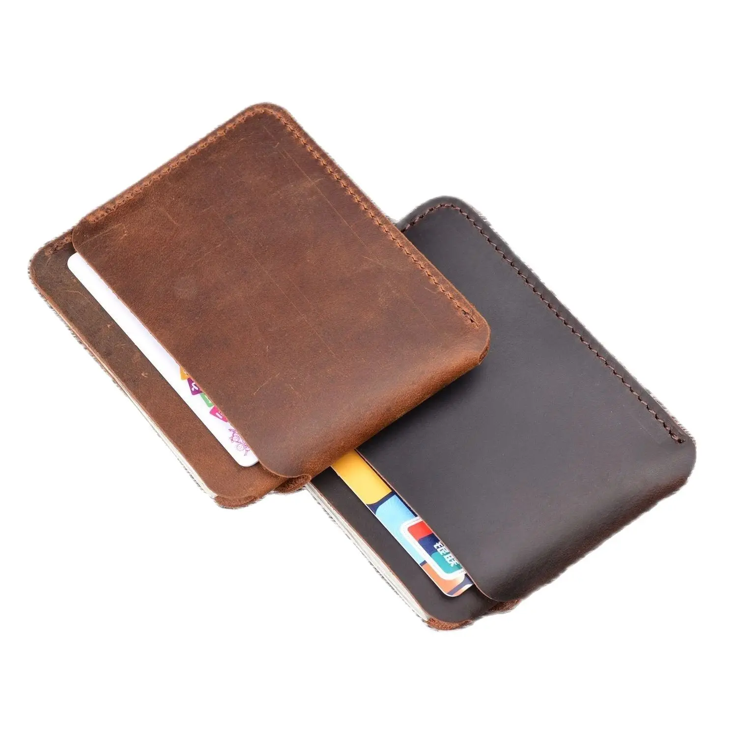 GENODERN Genuine Leather Business ID Card Holder Crazy Horse Leather Travel Credit Card Holder Mini Wallet Men Women Purse Case