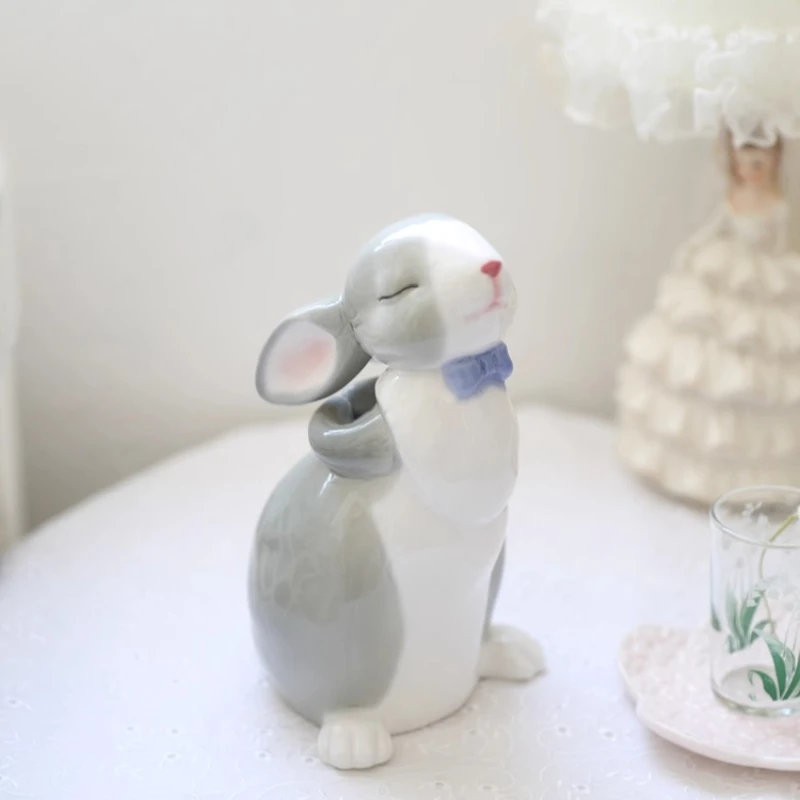 

Nordic Simple Bow Ceramic Rabbit Ornament Cute Healing Animal Ornament Home Office Desktop Decoration Crafts Girl Birthday Gift