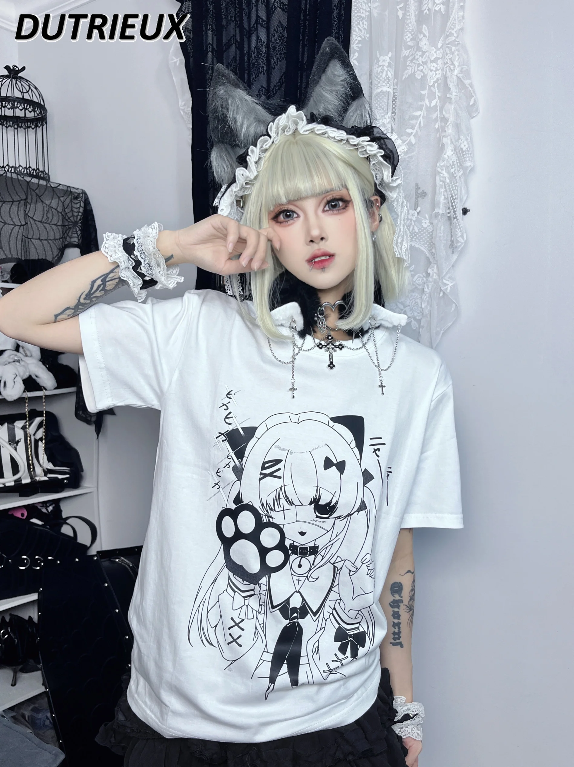 

Oversized T Shirt Cartoon Young Girl Printed Cotton Short-Sleeved T-shirt Shoulder Versatile Summer Sweet Crew Neck Tees Tops