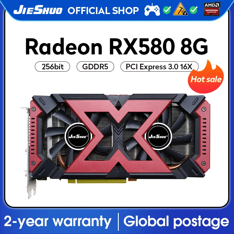 

JIESHUO Video card AMD RX 580 8GB 2048SP Gaming graphics card GDDR5 256bit GPU rx580 8g graphics card Desktop Video Office 580Rx