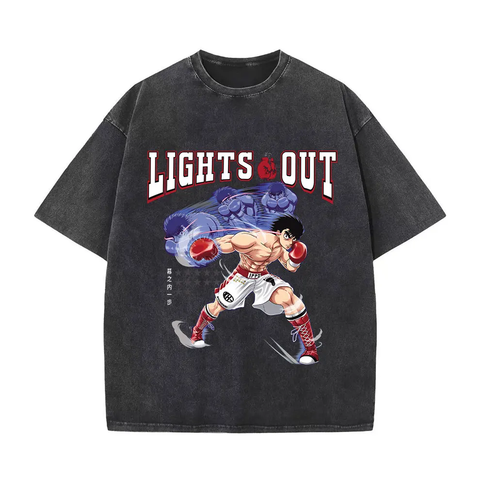 Vintage Cotton Washed T-Shirt Anime Hajime No Ippo Kamogawa Boxing Gym Loose T Shirts Men Women Y2K Hip Hop Summer Top Tee