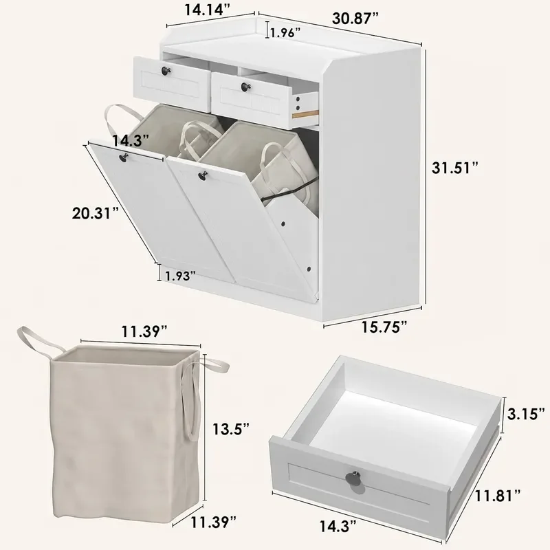 2 x 8 Gallon Double Tilt Out Trash Can Cabinet Pull Out Trash Can Cabinet with Drawers Pet Proof Kitchen Trash Cabinet and