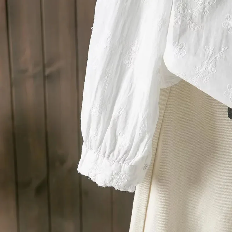New 2025 Spring Cotton Long Sleeve Shirt, Women Ruffled Embroidery, Mori Girl Vintage French Design White Loose Blouse T53515CC
