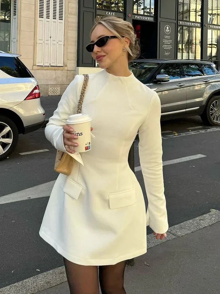 TARUXY Elegant Long Sleeve Slim Mini Dress For Women A-Line High Waist Two Pockets Solid Autumn Winter New Party Dress Female