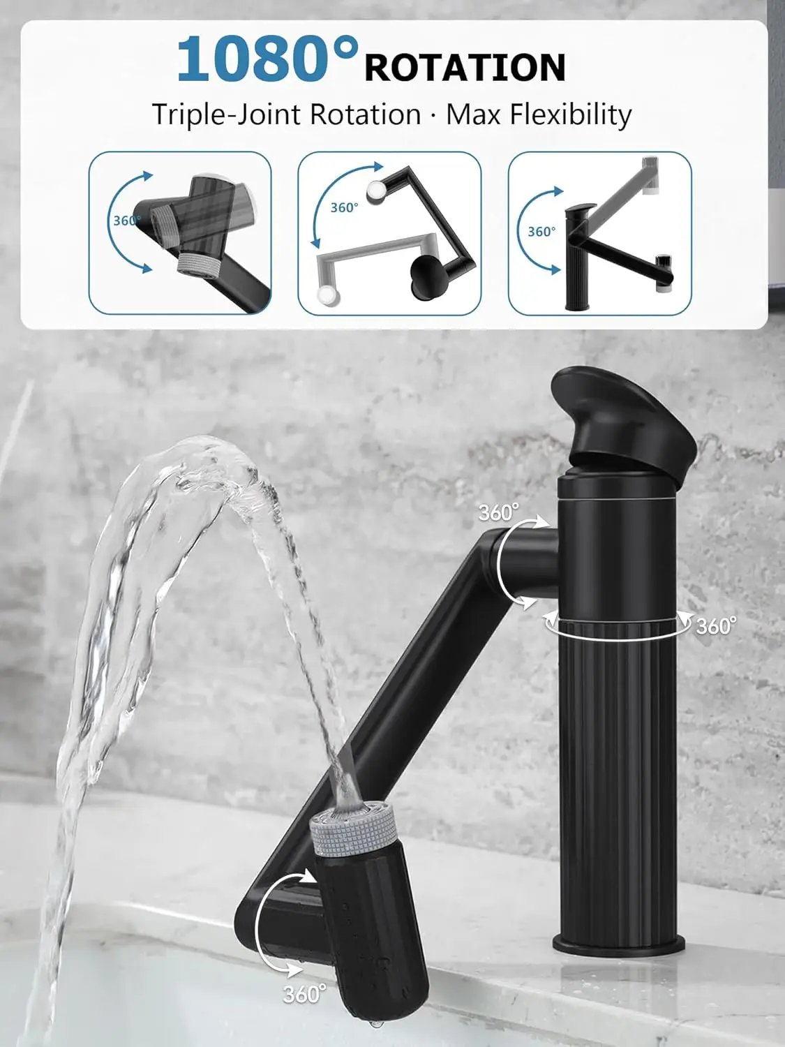 صنبور حمام بفتحة واحدة قابل للدوران مع أوضاع مياه مزدوجة لأحواض الغرور، مناسب للحمام وغرفة الغسيل، أسود غير لامع #3