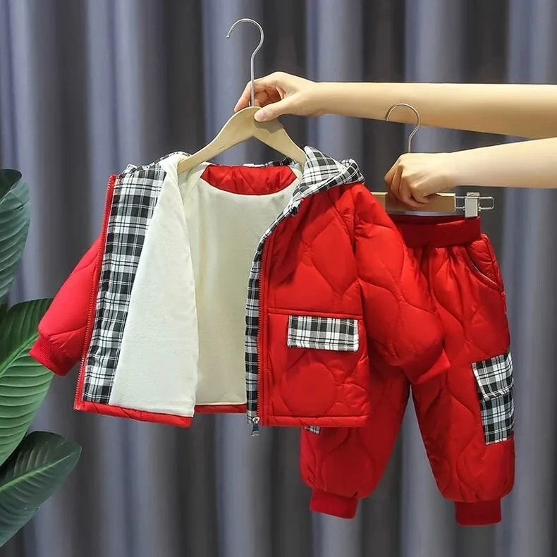 

2024 Winter Hooded Coat Thick Warm Solid Pants Suit Toddler Boy Parkas