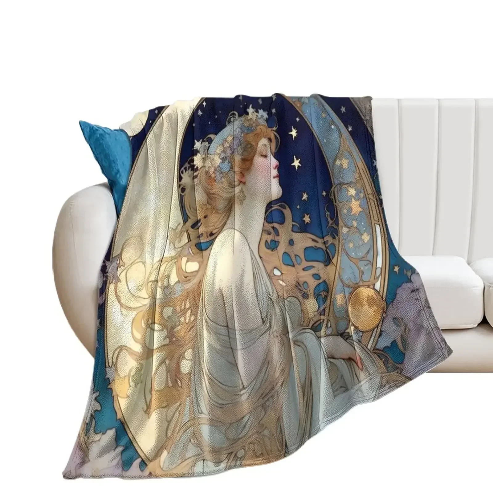 

Celestial Dreams Alphonse Mucha Inspired Moon and Stars Throw Blanket Personalized Gift Quilt funny gift Beautifuls Blankets