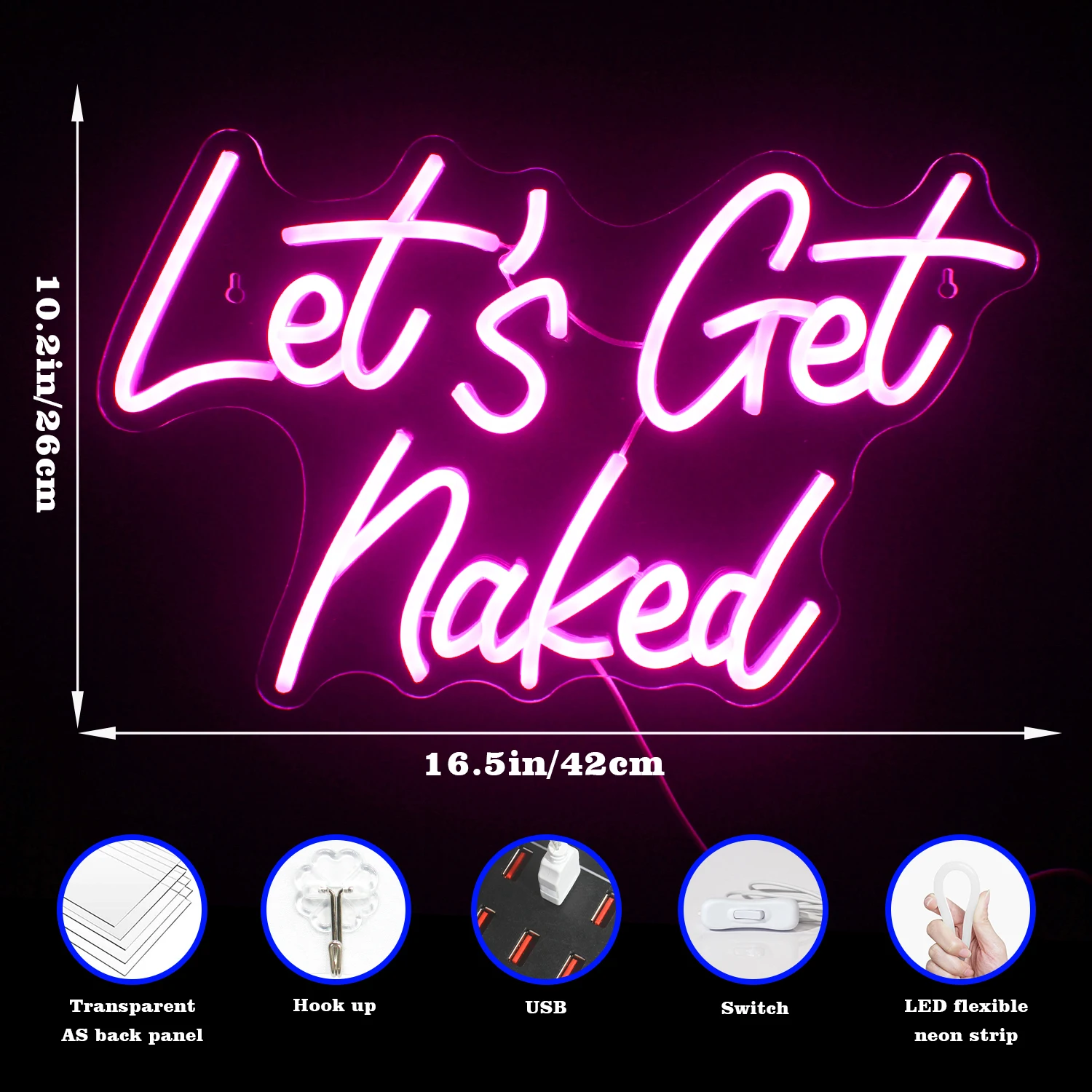 Let\'s Get Naked Neon Sign for Room Wall Decor USB Powered Led Neon Signs for Bedroom Decor Game Room Party Decor Handmade