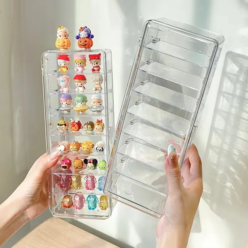 Acrylic Mini Display Stand Cute Particle Dustproof Flip Cover Figure Display Storage Boxes Desktop Organizer Home Accessories