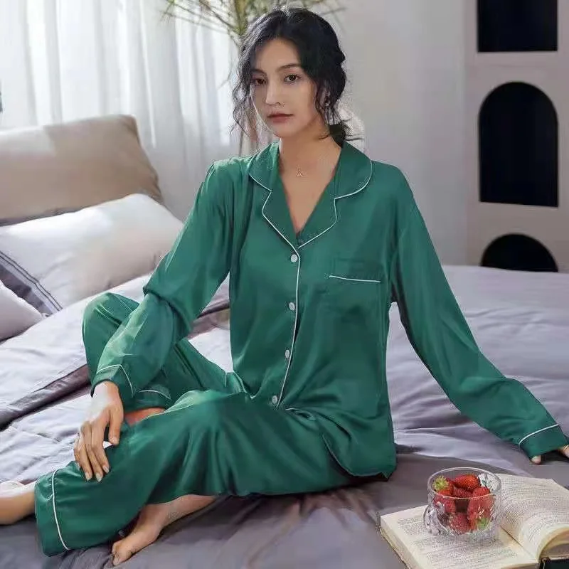 

Ice Silk Pajamas Ladie Long-sleeved Thin Korean Version of The Casual Large Size Homewear Two-piece Set Spring Summer Homewear