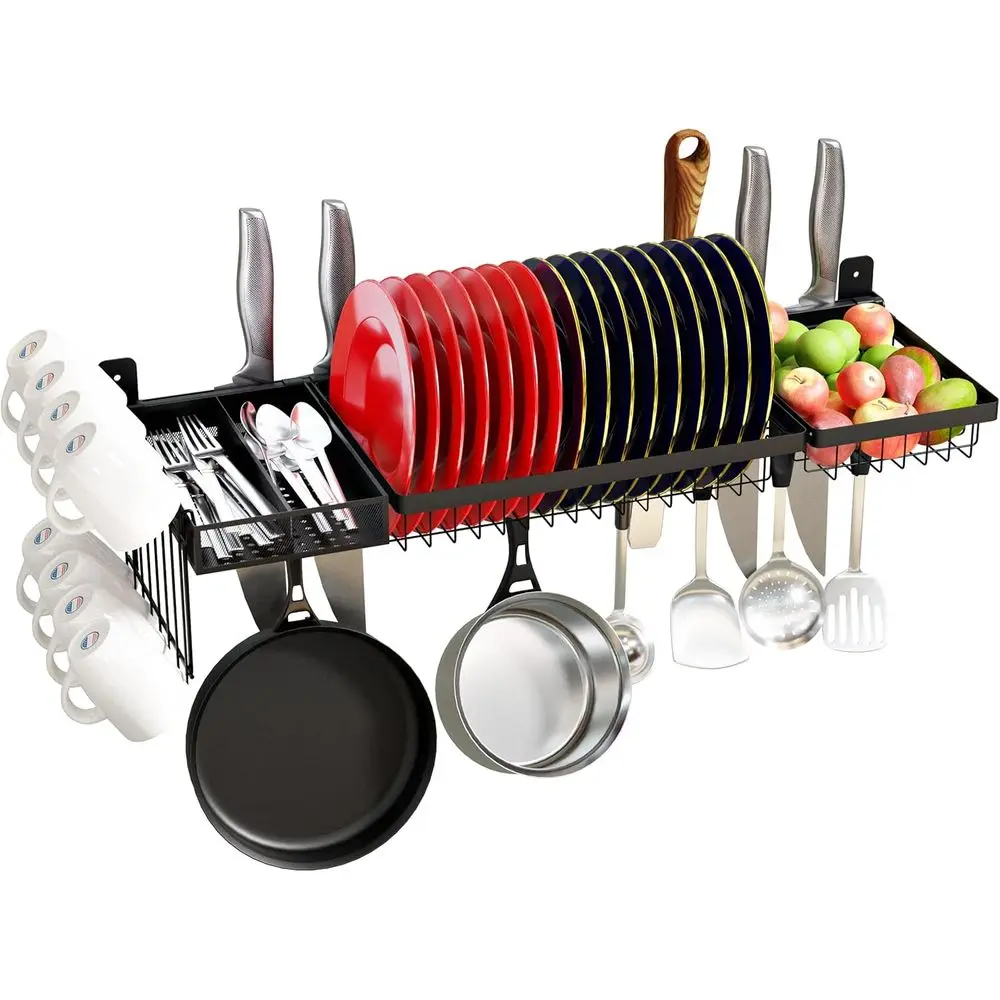 

Stainless Steel Sink-Mounted Dish Rack with Large Capacity and Utensil Holder for Kitchen Storage Organization (Black)