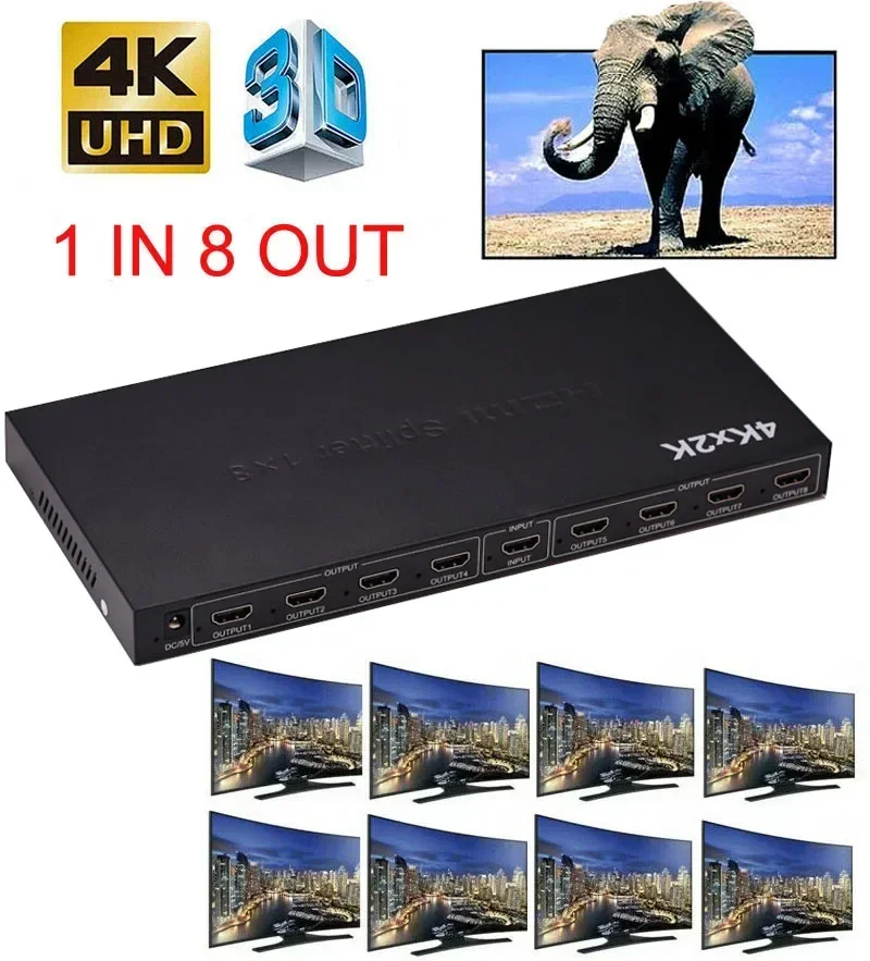 Разветвитель 4K 1x8 HDMI, 8-портовый видеоразветвитель, выход 1 в 8, 8-канальный дисплей, подходит для камер, ноутбуков, ПК, ТВ-мониторов