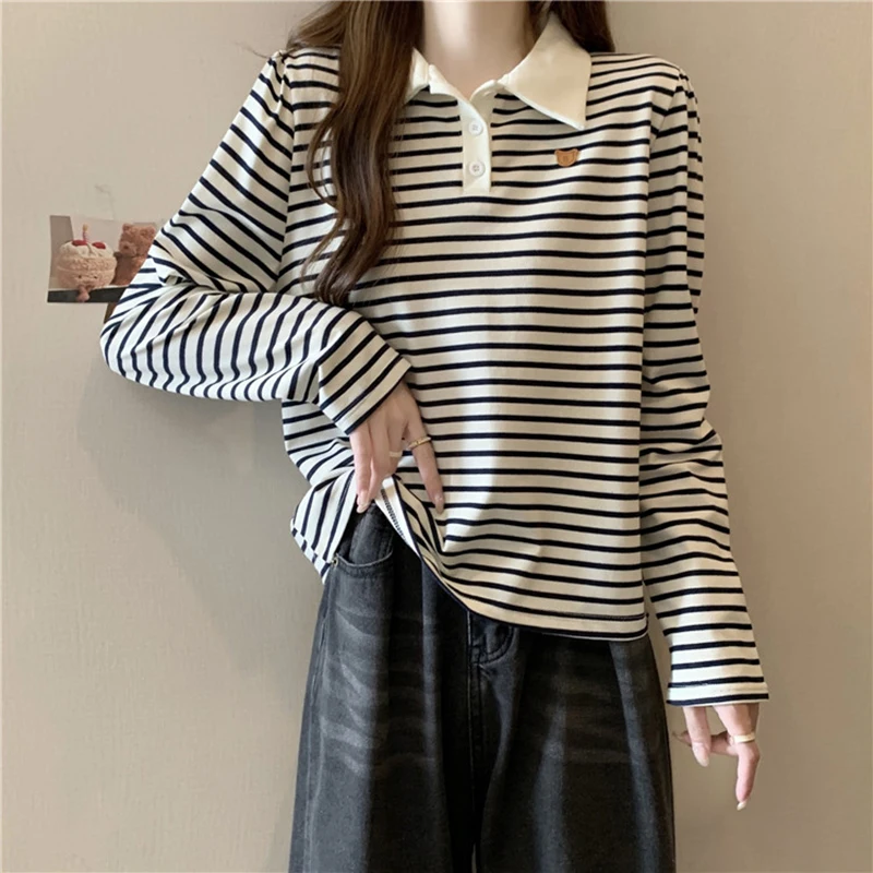 Gidyq Stripe Women Pullover T Shirt Korean Casual Patchwork Long Sleeve Tees Harajuku Female Fashion Button Tops Autumn New