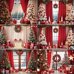 MOON.QG Red Curtains Luxury Large Christmas Tree Backdrop New Year Photography Background Children Studio Photo Shooting Props