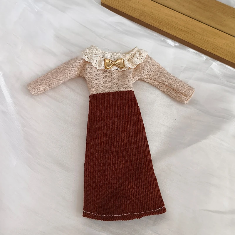 30cm Doll Clothes Accessories Retro Literary Elegant Lace Corduroy Bow Dress For 1/6 BJD Supermodel Doll Daily DIY Dress Up