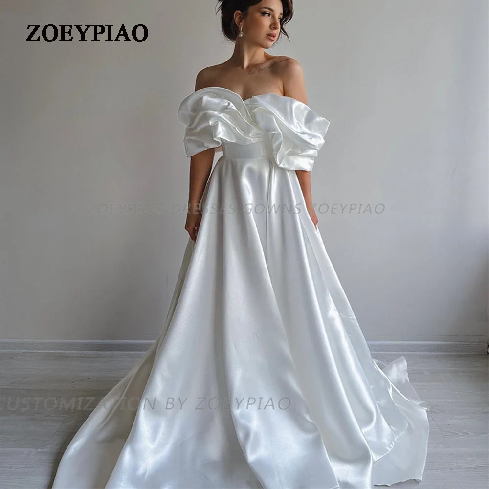 

Elegant Wedding Dresses Women Off Shoulder Short Sleeves Satin Bride Princess Bridal Gowns Long Train Vestidos De Noiva