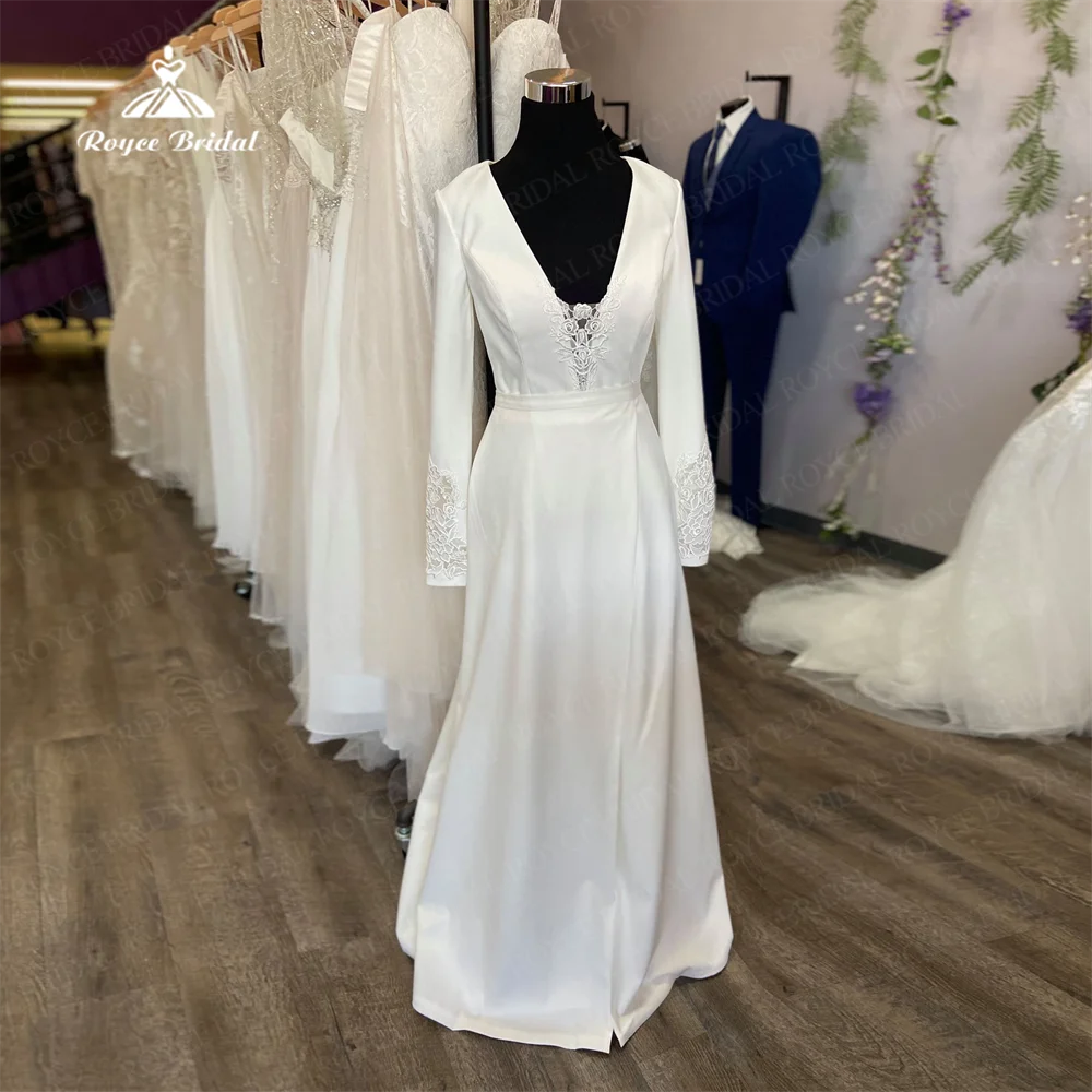 Roycebridal-Robe de Mariée en Satin à Col en V, Tenue de Plage, Longueur au Sol, Manches sulf, Ligne A, Style Boho, pour Patients, Personnalisée