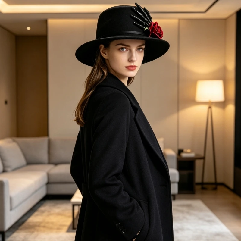 Gothic Costume Hat with Skeleton Hand and Rose Flower, Wide Brims Hat for Halloween Parties, Cosplay, and Photo Styling Y08E