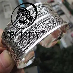 1PCS Women Vintage Bracelets Wide Lucky Flower Printing Tibet Silver Plated Totem Cuff Bracelets Bangles