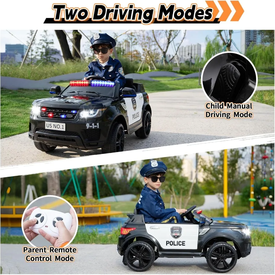 Giro in auto della polizia sull'auto elettrica per bambini per guidare i giocattoli da corsa alimentati a batteria con telecomando, sirena, illuminazione lampeggiante