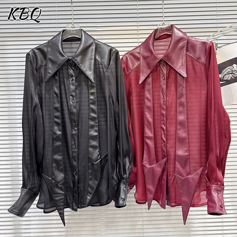 

KBQ Solid Spliced PU Leather Sheer Shirt for Women Lapel Long Sleeve Patchwork Single Breasted Loose Blouse Female Fahsion New