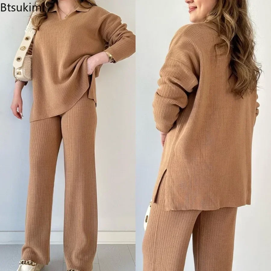 2024 Women\'s Knitted Pullover Suit Sets 2PCS Solid V Neck Split Loose Female Pants Set Wide Leg Pants High Waist Matching Sets