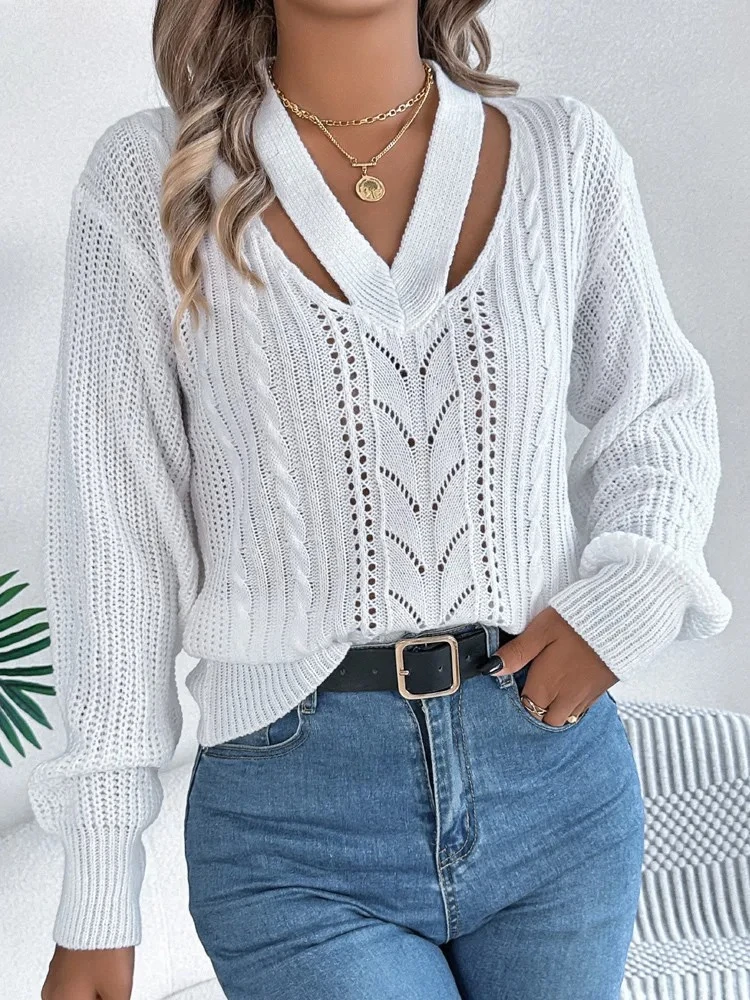 

Winter Casual Solid Knitted Sweater Women V Neck Hollow Loose Pullover Autumn Lady Lantern Long Sleeve Jumper