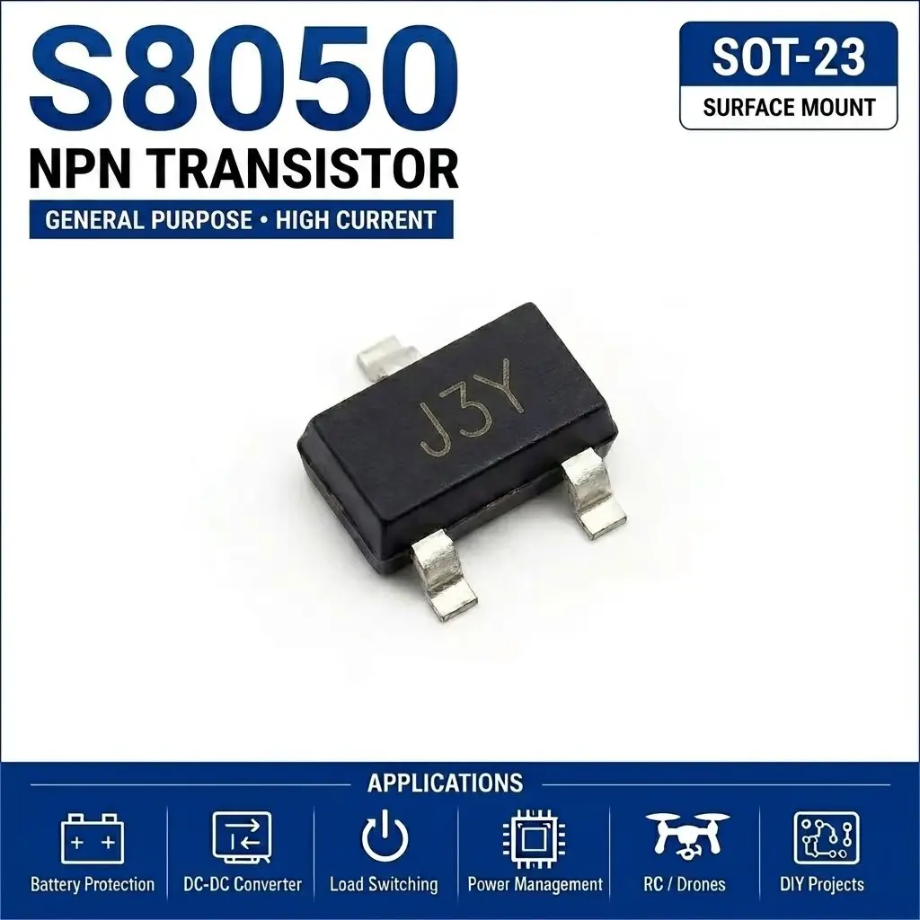 (100 pcs) S8050 (Marking J3Y) SOT-23 - NPN Transistor 40V 500mA 100MHz