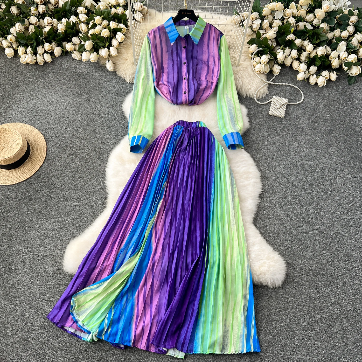 Skirt Sets Women Rainbow Striped Long-Sleeved Shirt Trend All-Match Big Hem Skirt High-End Two Piece Sets Womens Outifits