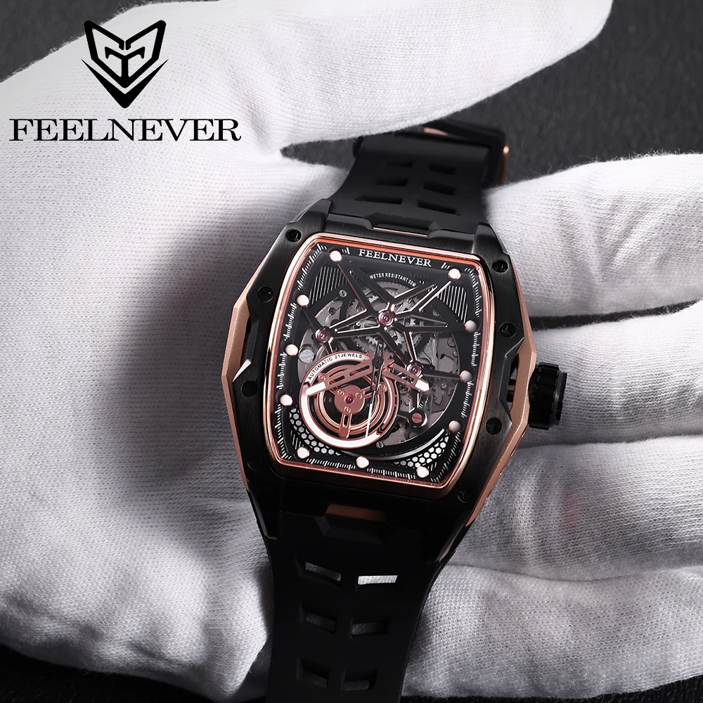 FeelNever Top Craft Watch Formula Hollow Men Watch Tonneau Automatic Watch Men Mechanical Back Through Watches Waterproof