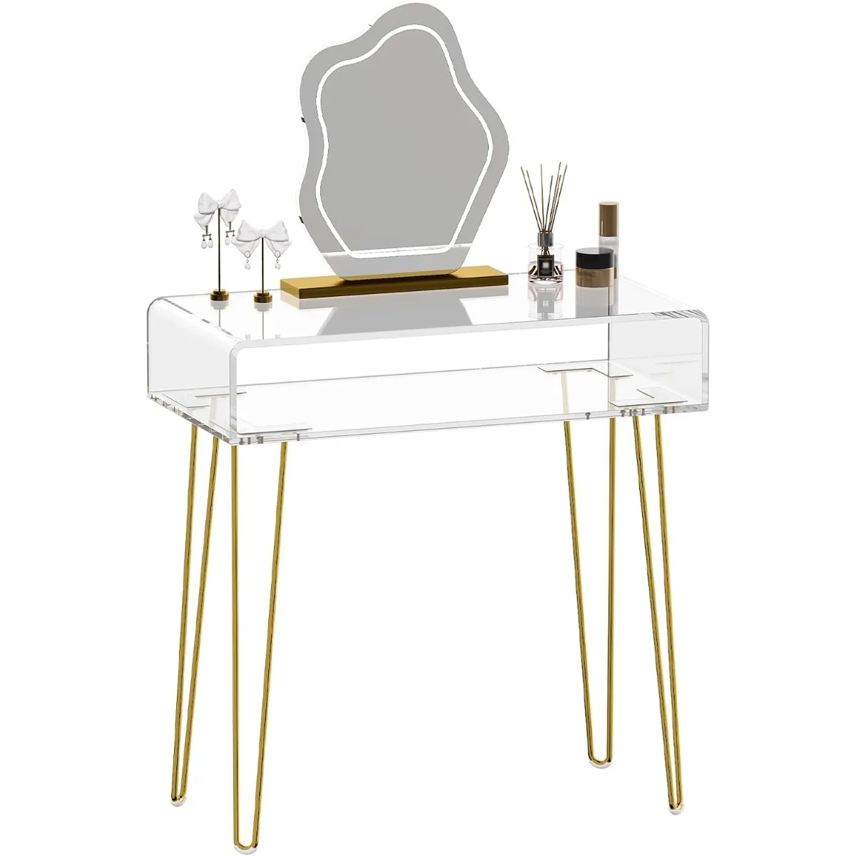 

Acrylic Vanity Desk - Small Makeup Vanity Table - Dressing Table for Bedroom, Dressing Room, Large Storage Space,Gold Metal Legs