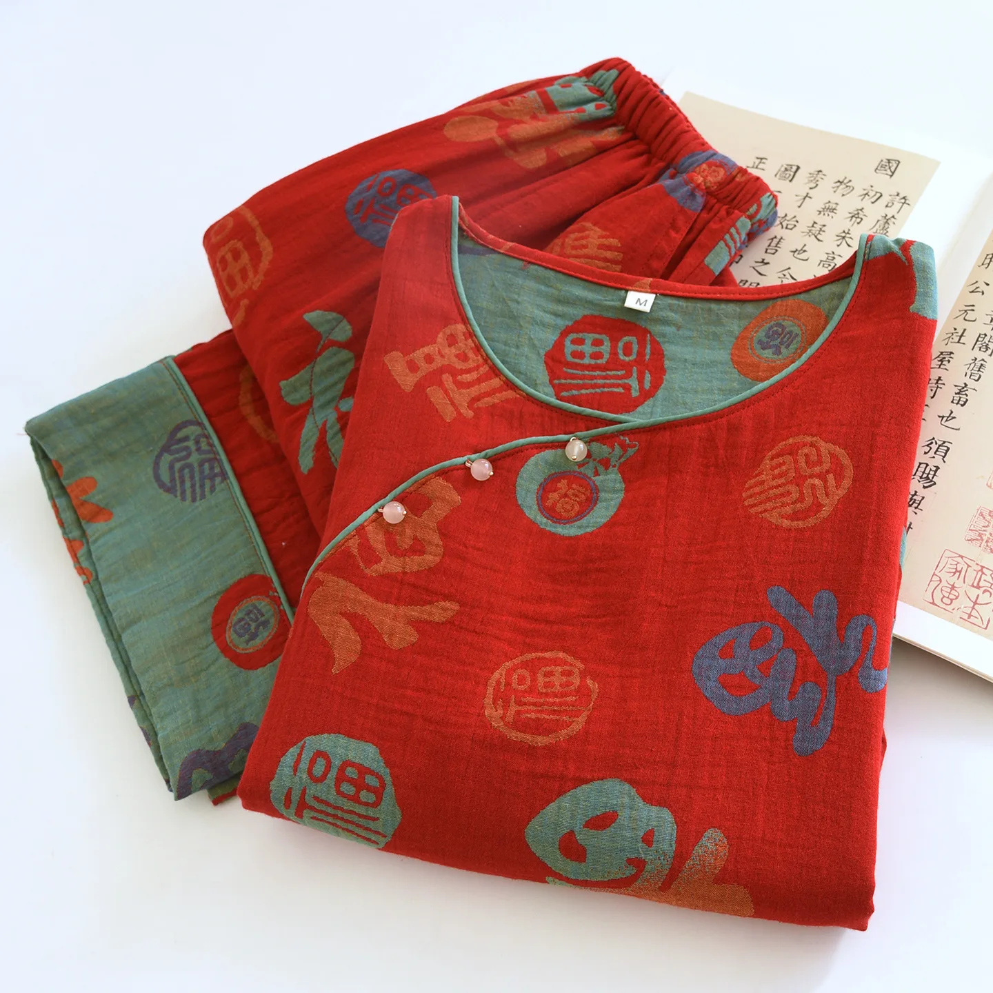 

Модные пижамы для женщин, весенняя хлопковая домашняя одежда, комплект из двух предметов в китайском стиле, брюки с длинными рукавами, пижамный костюм Femme