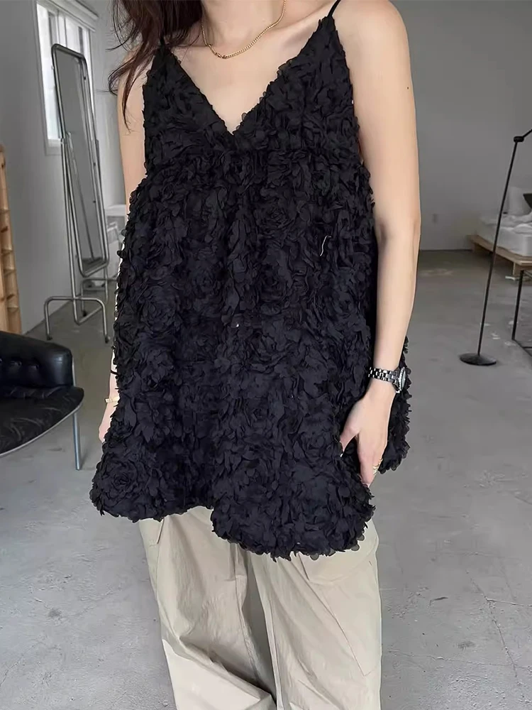 Vestido de Alça com Flores 3D de Alta Qualidade Liangliang, Novo Vestido de Verão Vintage Faionável com Camadas e Saia Curta