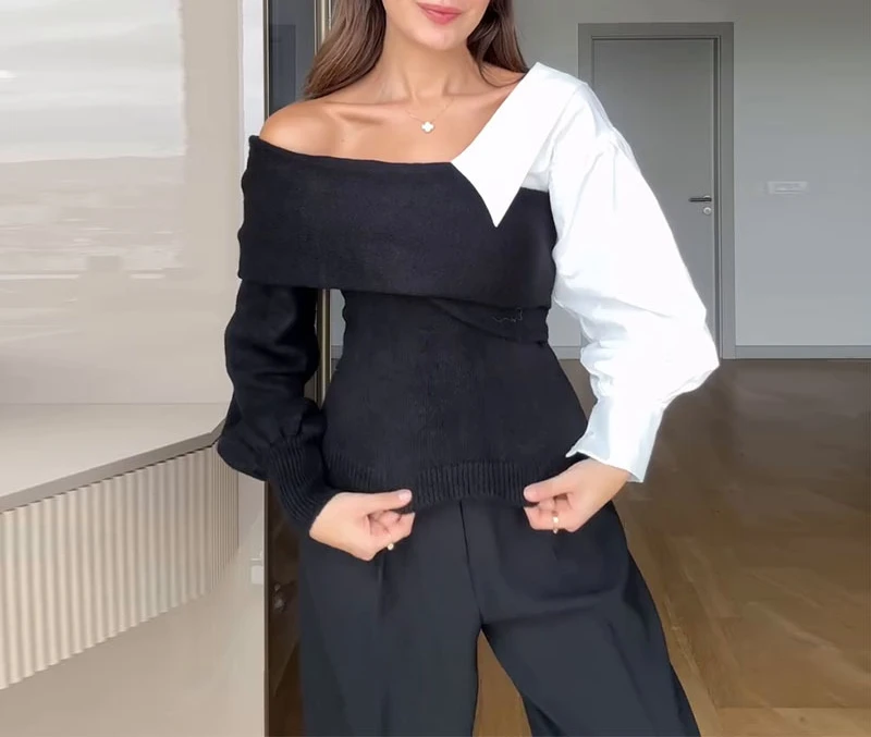 Elegant Tops Woman 2024 Autumn New Temperament Color Blocking Design One Off Shoulder Long Sleeved Knitted Shirt Streetwear